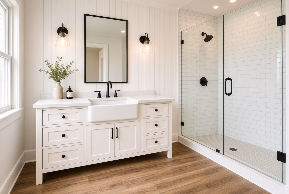 Bright modern bathroom with white wooden vanity featuring a farmhouse sink, black fixtures, a rectangular mirror, and two glass wall sconces, next to a glass-enclosed walk-in shower with subway tile walls and black fixtures, and wood-look flooring.