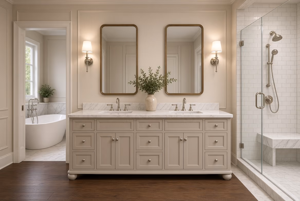 Modern bathroom with a double sink vanity featuring beige cabinetry, marble countertop, two rectangular mirrors, and wall sconces, adjacent to a glass-enclosed walk-in shower and a separate room with a white freestanding bathtub.