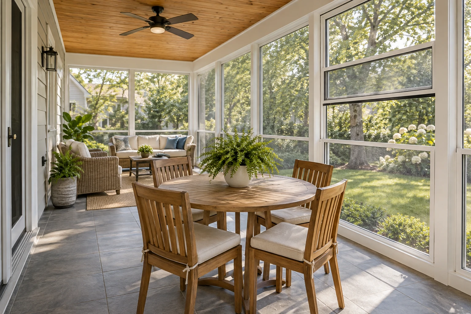 3 season sunroom with open windows, ceiling fan, and round table with chairs