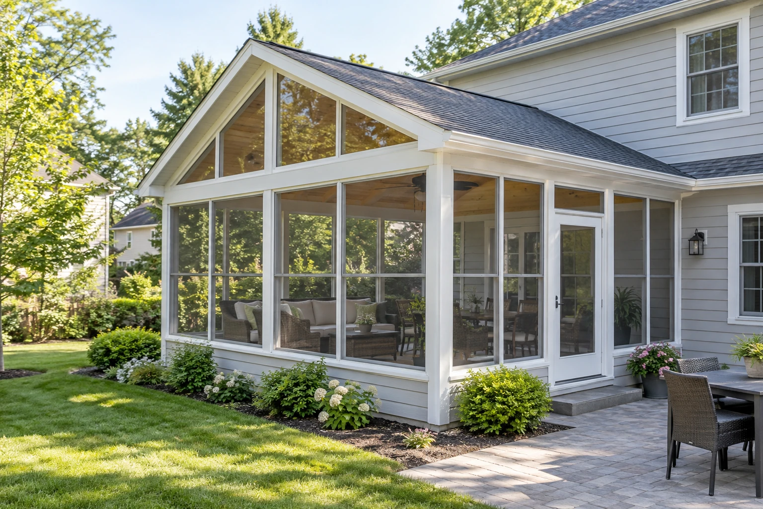 outdoor shot of a 3 season sunroom with an outdoor stone patio beside