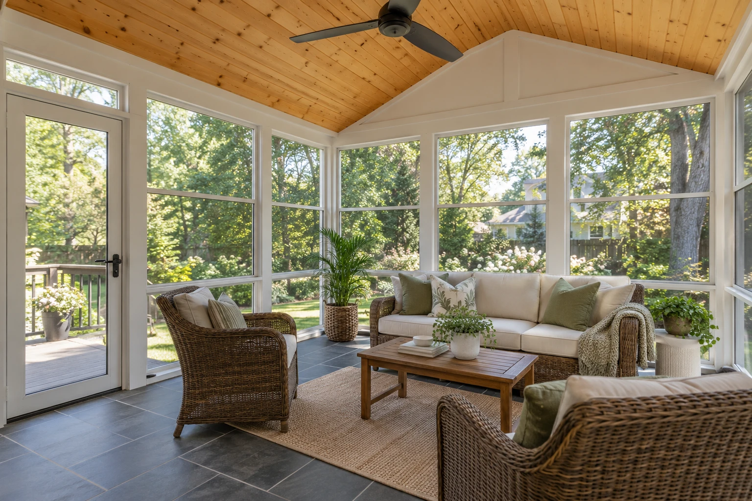 3 season sunroom with wood roof and ceiling fan