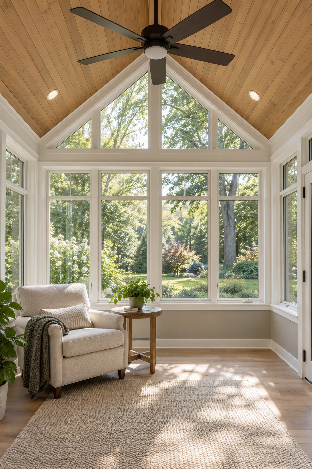 Inside 4 season sunroom view with vaulted ceiling, sitting chair, and throw rug