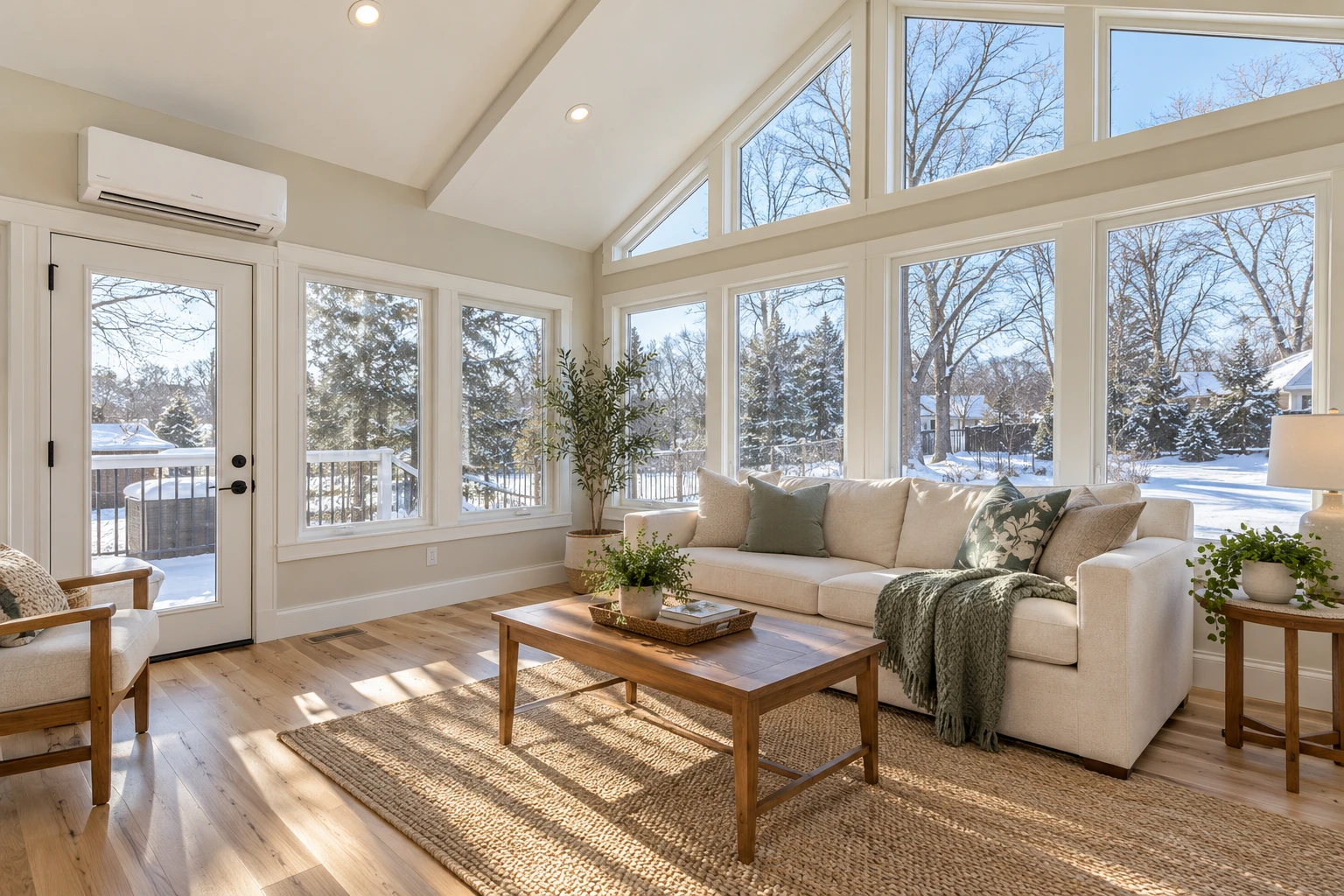 Four season sunroom in Cary NC with large windows in wintertime