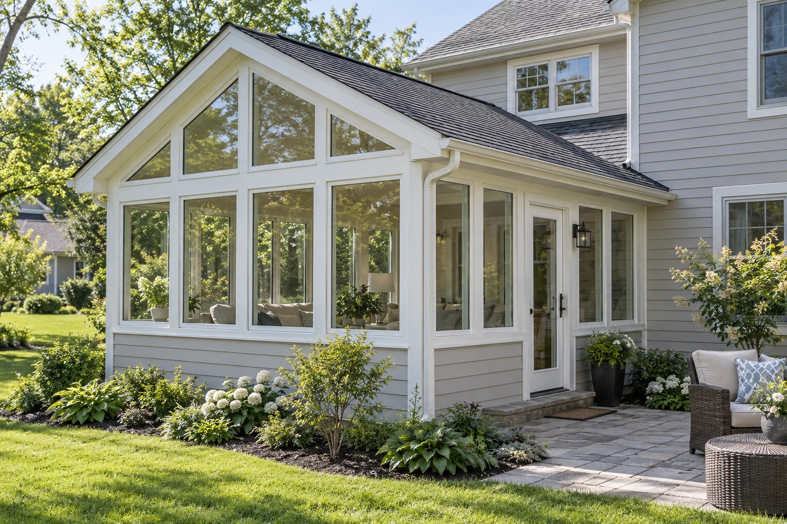 Outdoor shot of a 4 season sunroom with glass windows