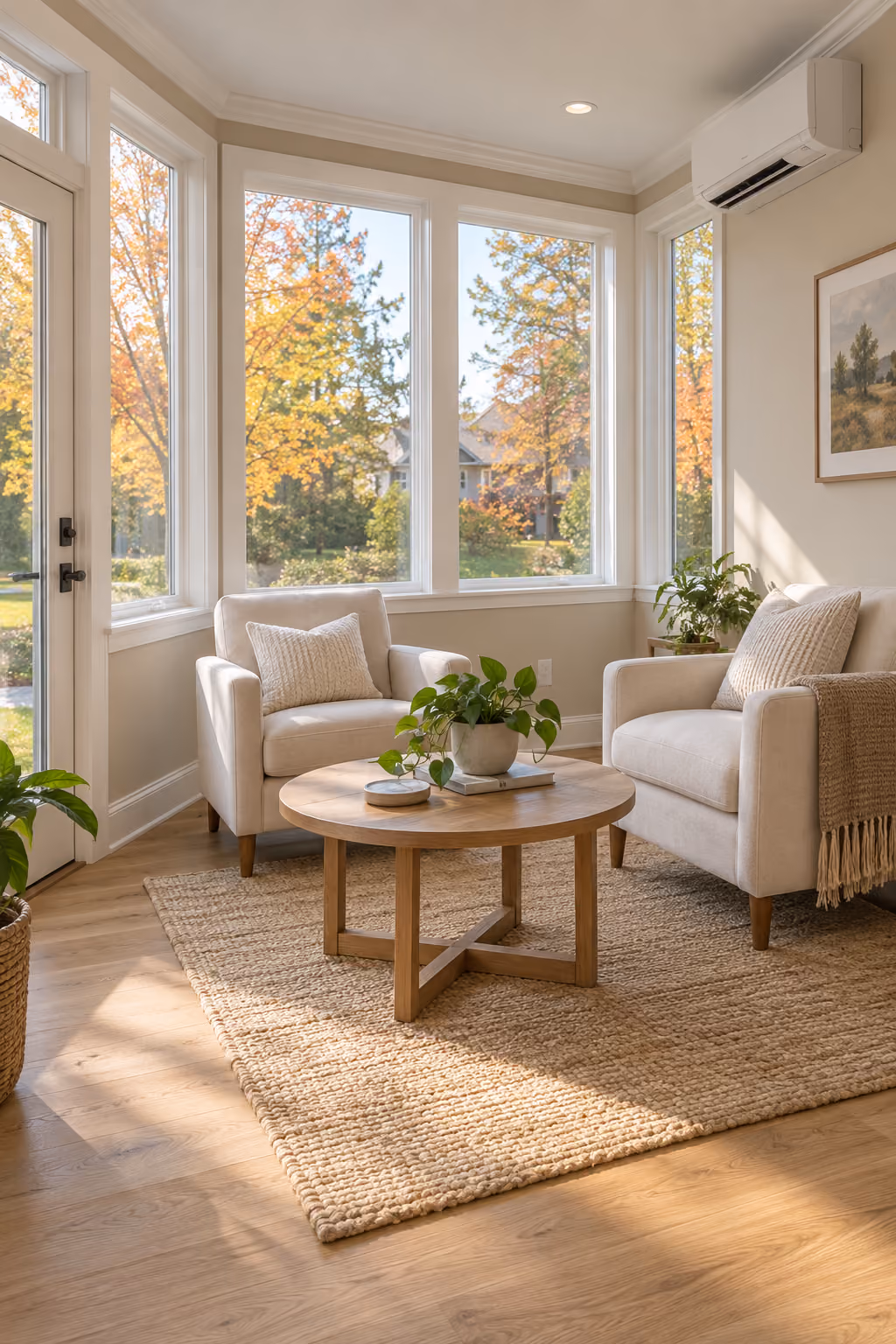 4 season sunroom with large wooden windows, cushioned armchairs, a throw blanket, table, and decorative bowl.