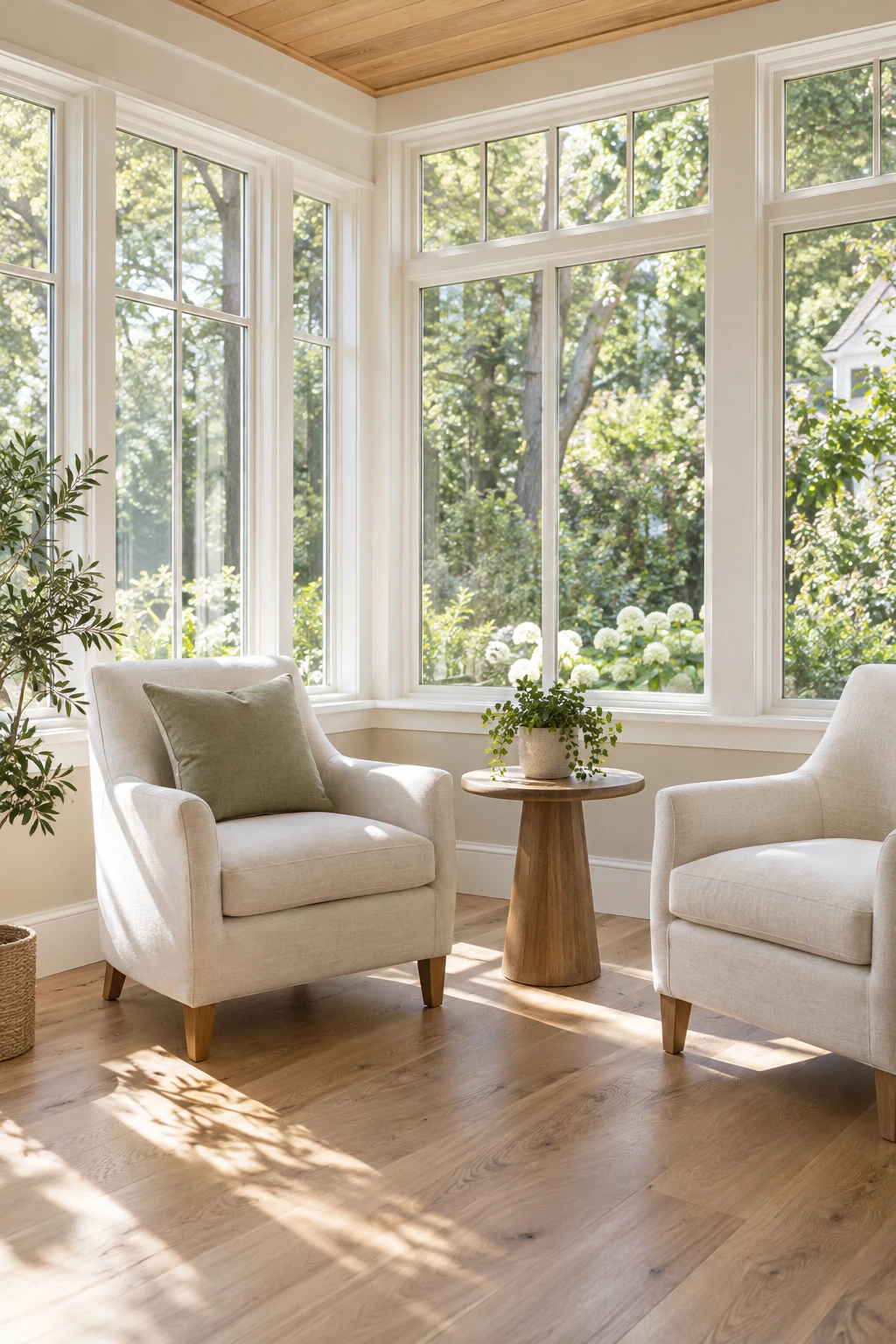 Sunroom with two sitting chairs and big glass windows