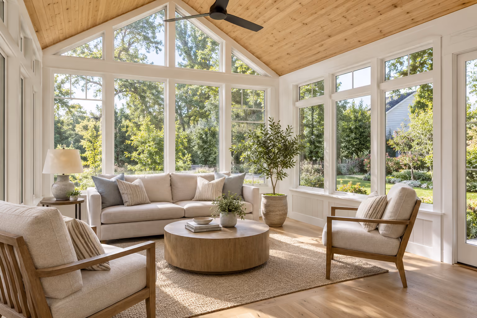 Open sun room surrounded by glass windows