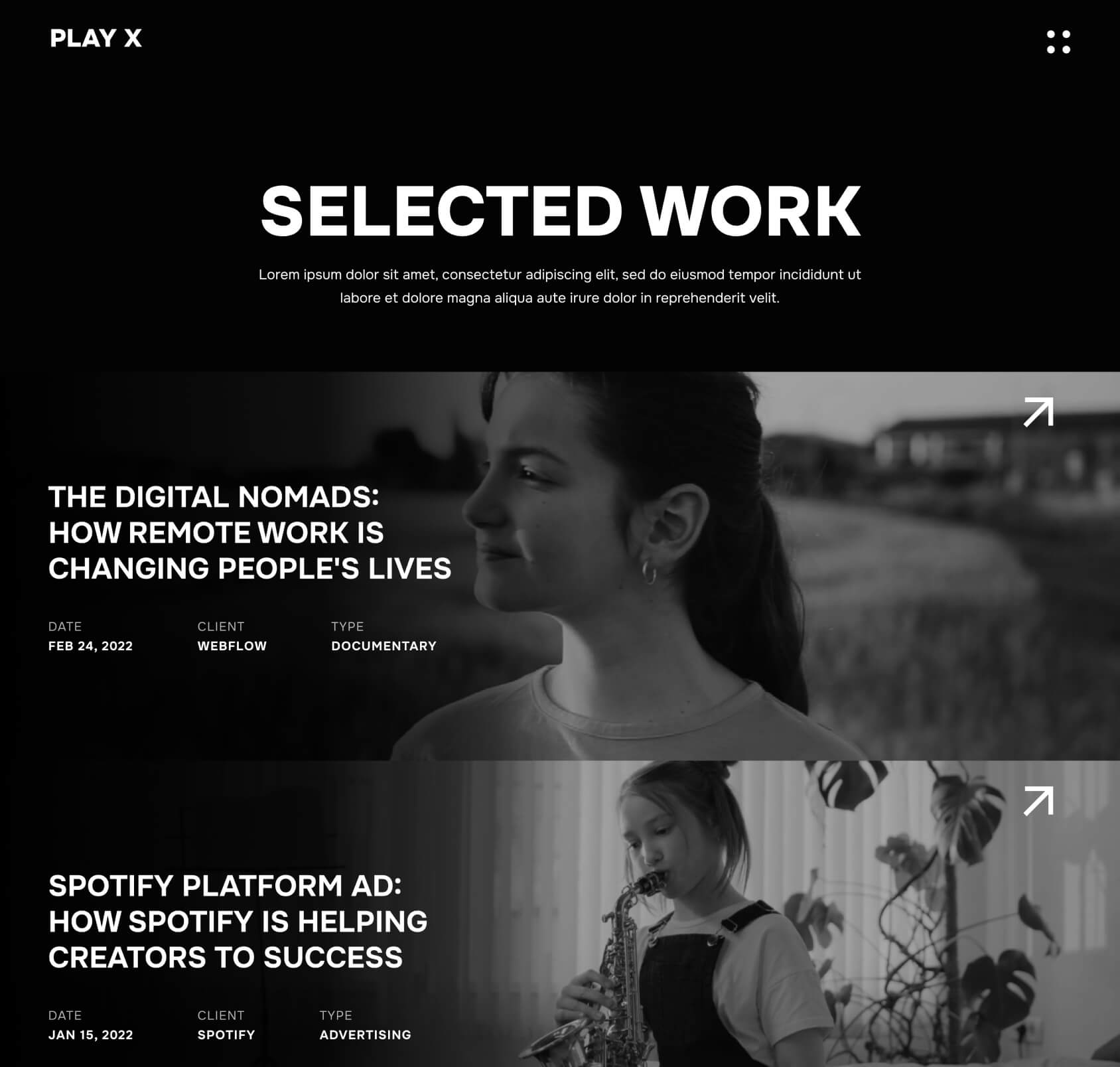 Play X - Portfolio Page - Video Production Agency Webflow Template