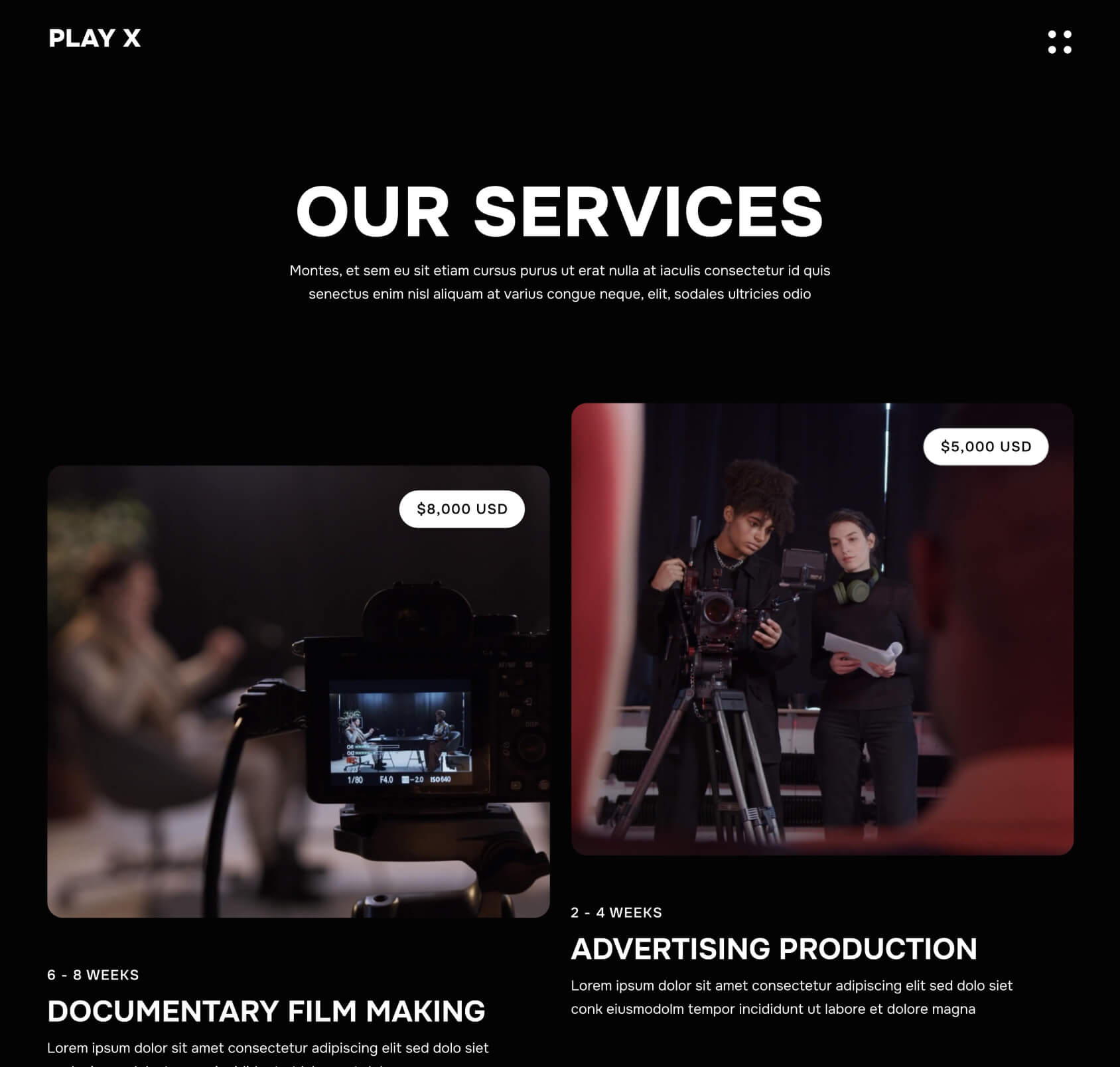 Play X - Packages Page - Video Production Agency Webflow Template