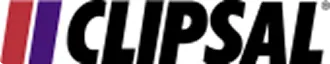 Clipsal brand logo with bold black text and vertical red and purple stripes.