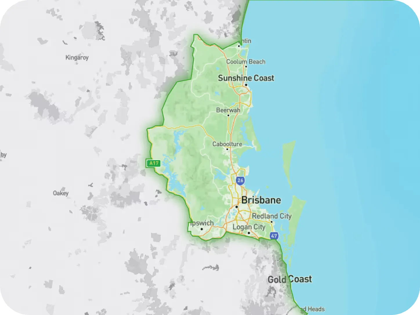 Map showing Brisbane, Gold Coast, Sunshine Coast, and surrounding cities in Queensland, Australia.