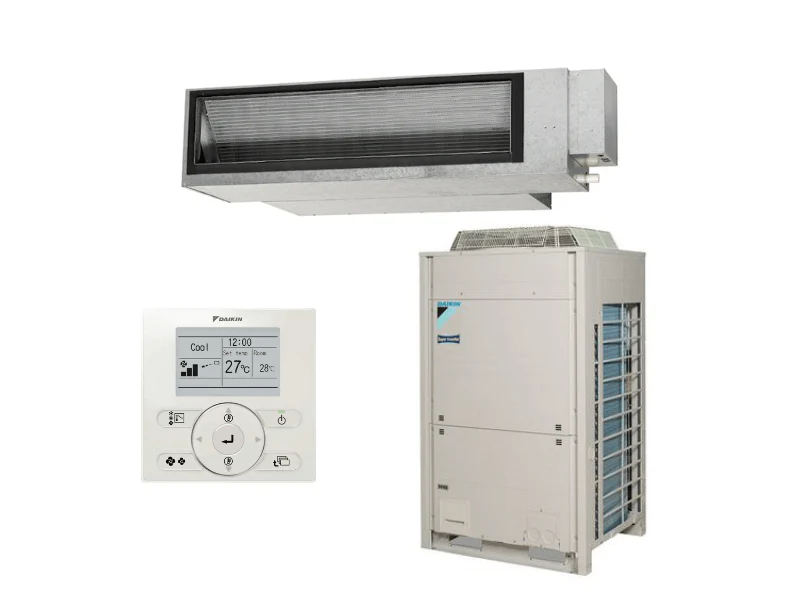 Daikin ducted air conditioning system with indoor unit, outdoor unit, and wall-mounted thermostat.