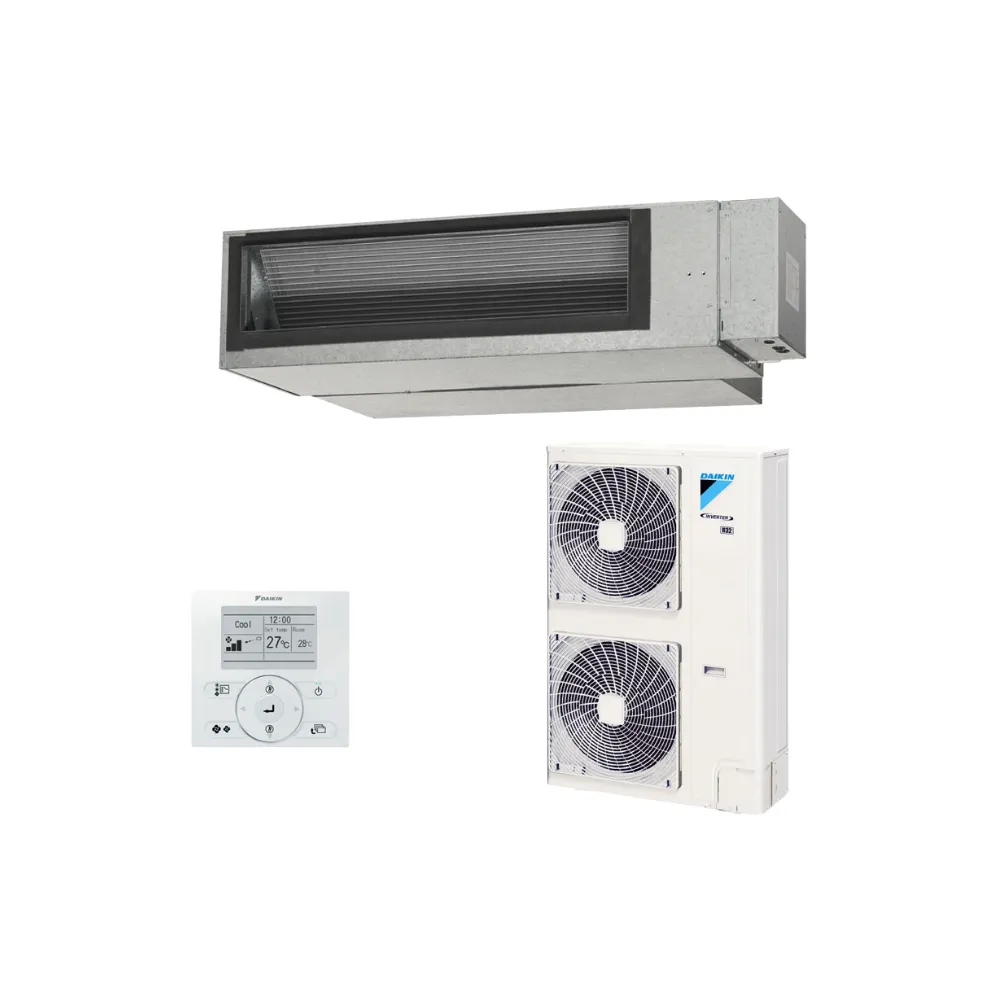 Daikin ducted standard air conditioning system with control panel, indoor, and outdoor units.