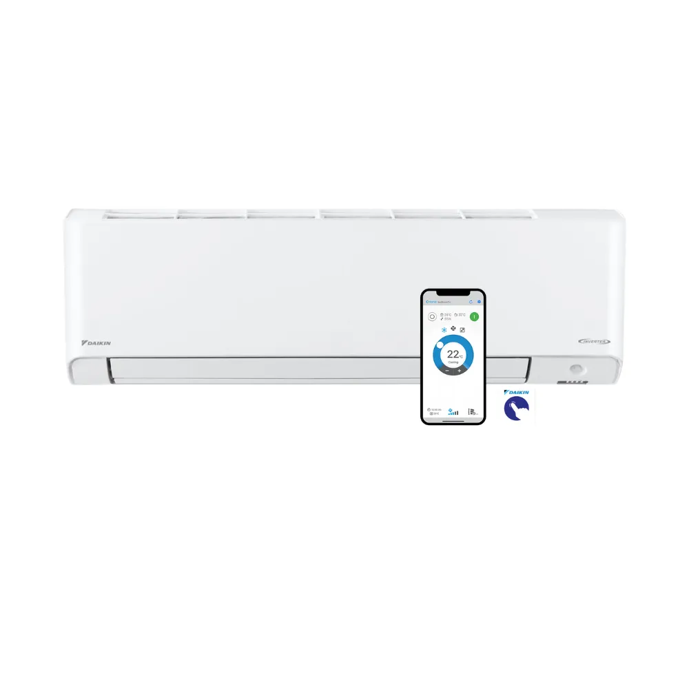 White Daikin wall-mounted split air conditioner with smartphone control interface showing 22°C cooling.