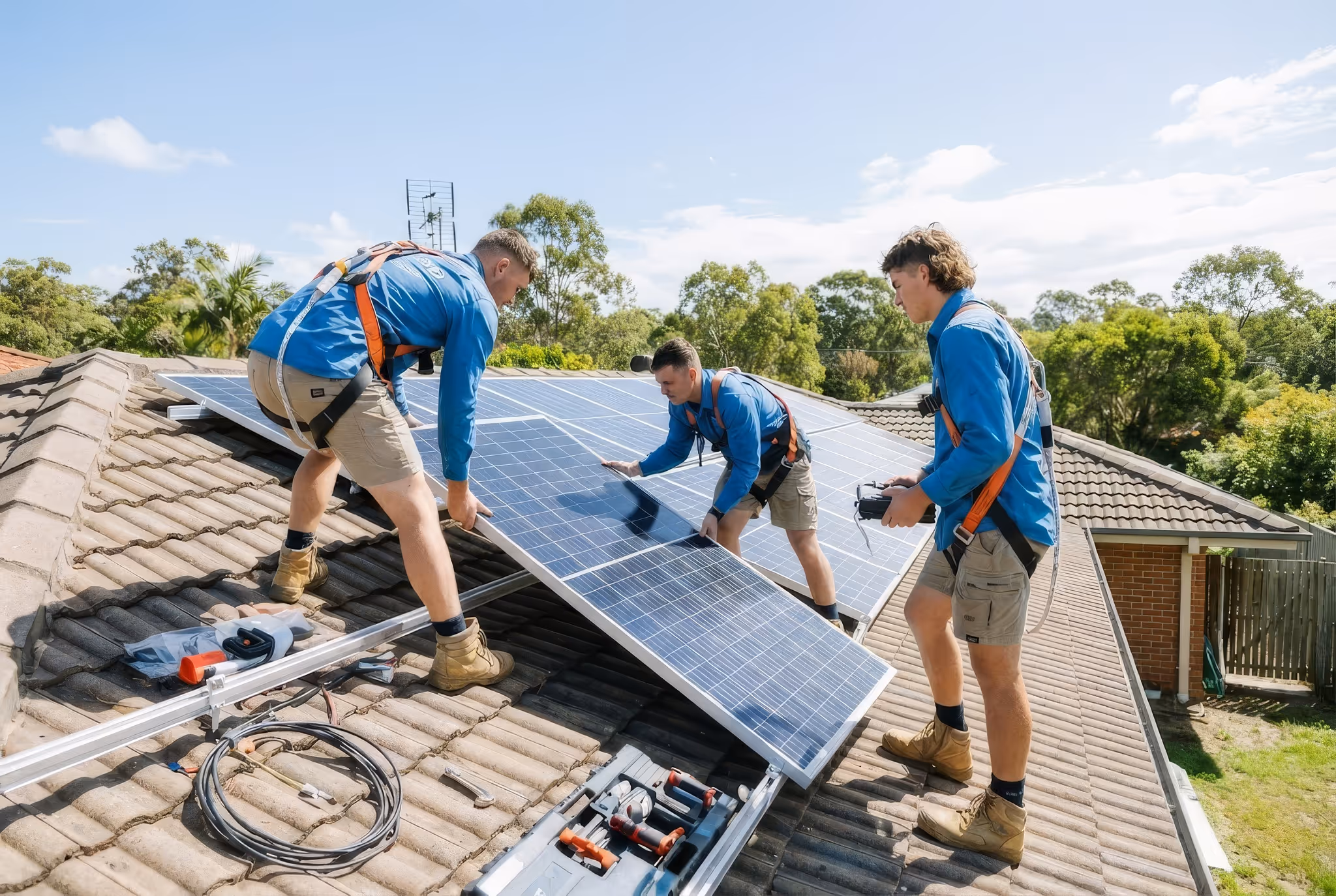 Three workers in blue shirts and harnesses install solar panels on a tiled roof under clear sky.