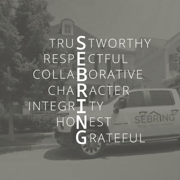 Words forming Sebring vertically: trustworthy, respectful, collaborative, character, integrity, honest, grateful.