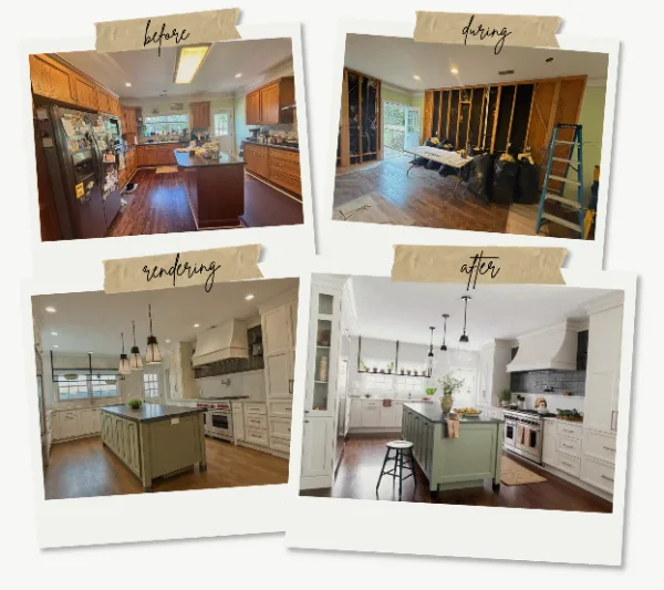 Seward Hall kitchen in Franklin, Tennessee shown before, during construction, as a 3D rendering, and after the Sebring remodel