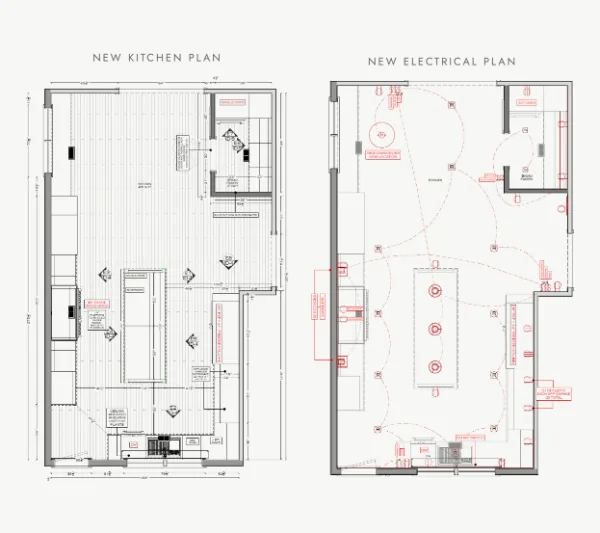 New kitchen plan and electrical lighting plan prepared during the design phase of a Franklin remodel