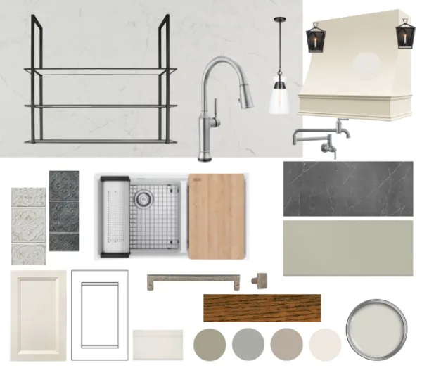 Kitchen mood board with cabinet doors, tile, stone, faucet, pendant lights, range hood and paint colors