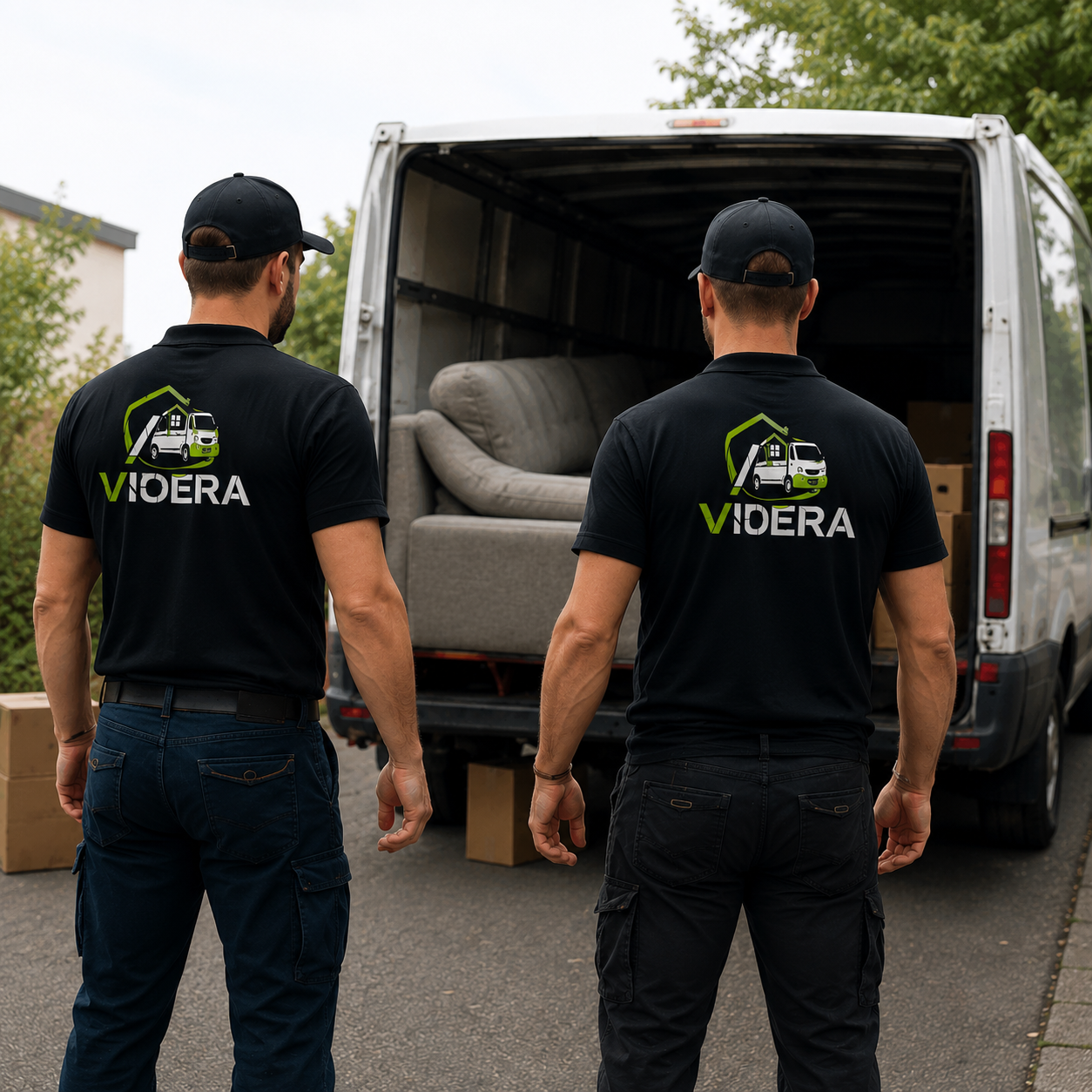 Two movers wearing black shirts with 'VIDERA' logo unloading a couch and boxes from a white van.