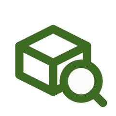 Green cube icon with a magnifying glass inspecting the front right corner.