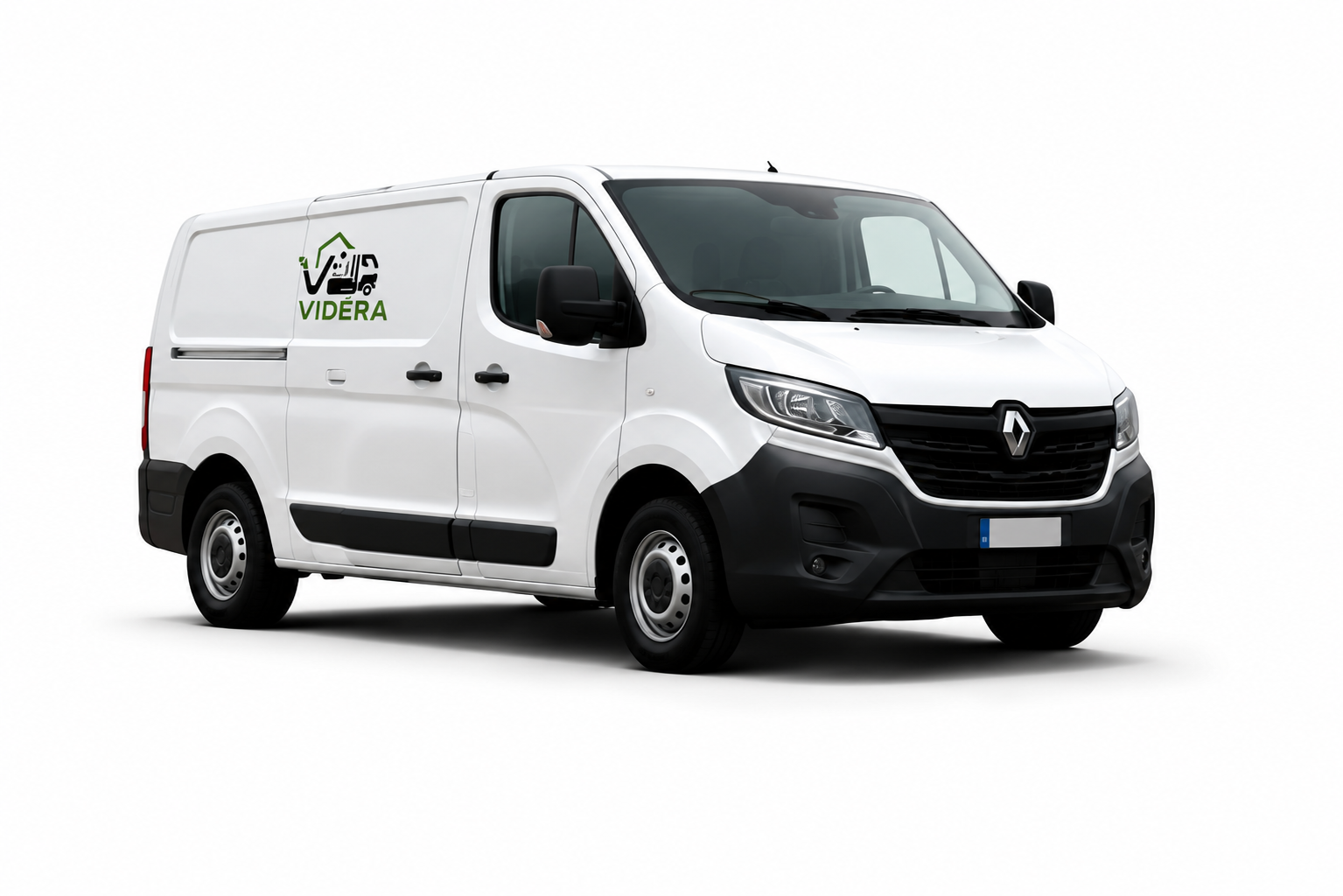 White Renault van with black trim and a green and black Videra logo on the side panel.