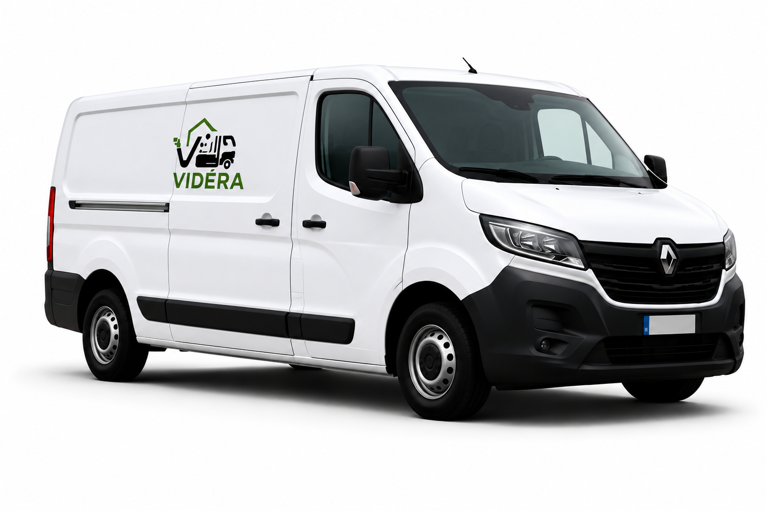 White Renault cargo van with black accents and a green and black Vidéra logo on the side door.