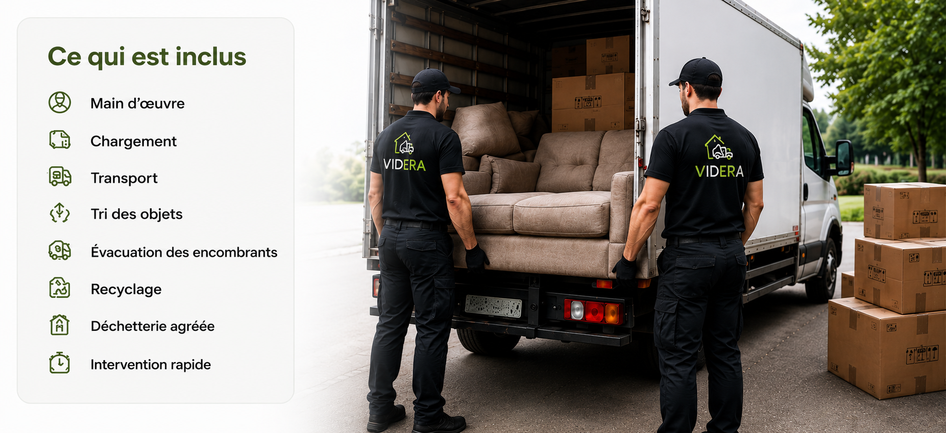 Two movers wearing black Videra shirts loading a sofa and boxes into a white moving truck outdoors.