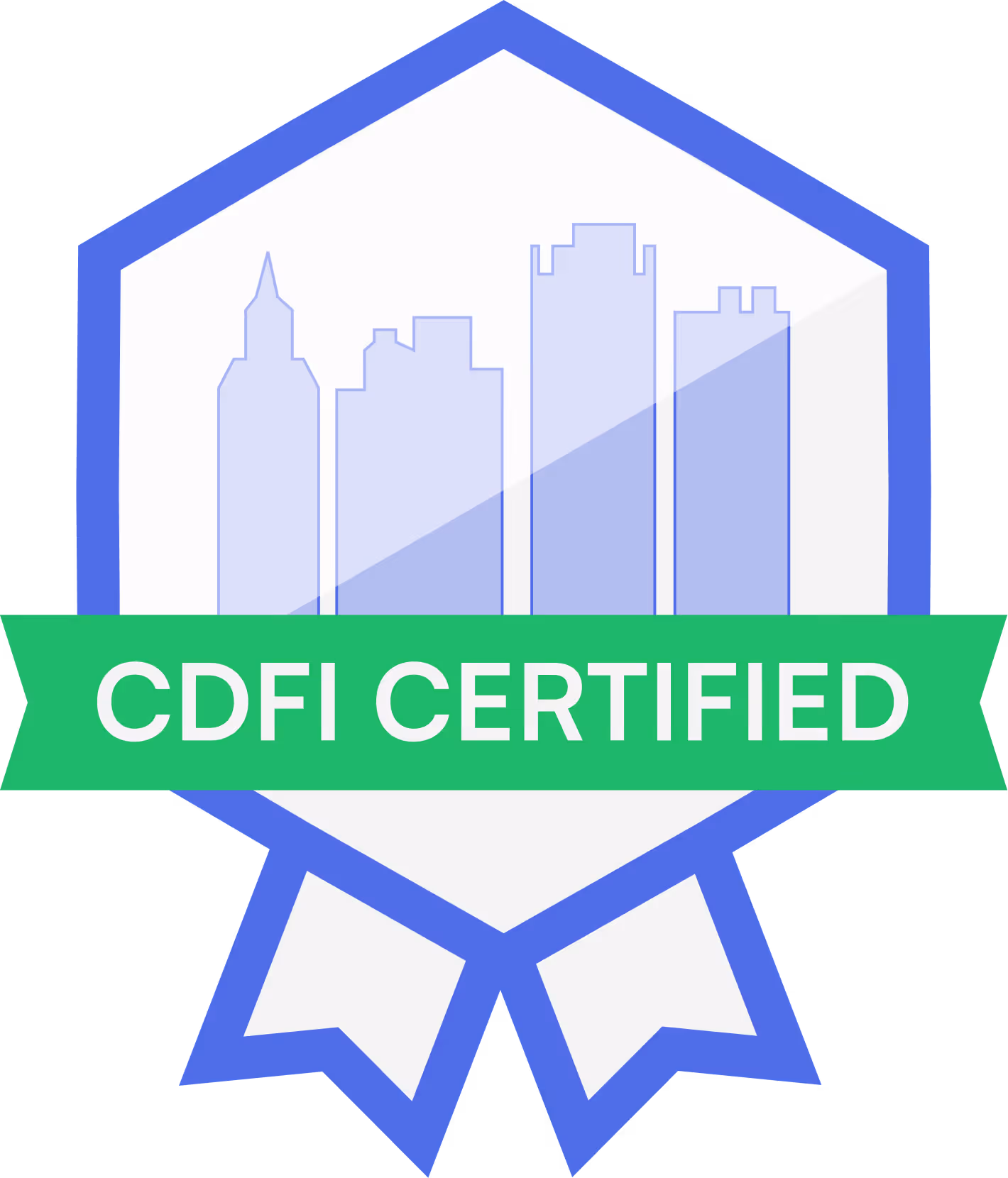 Badge with city skyline silhouette and green ribbon reading 'CDFI CERTIFIED'.