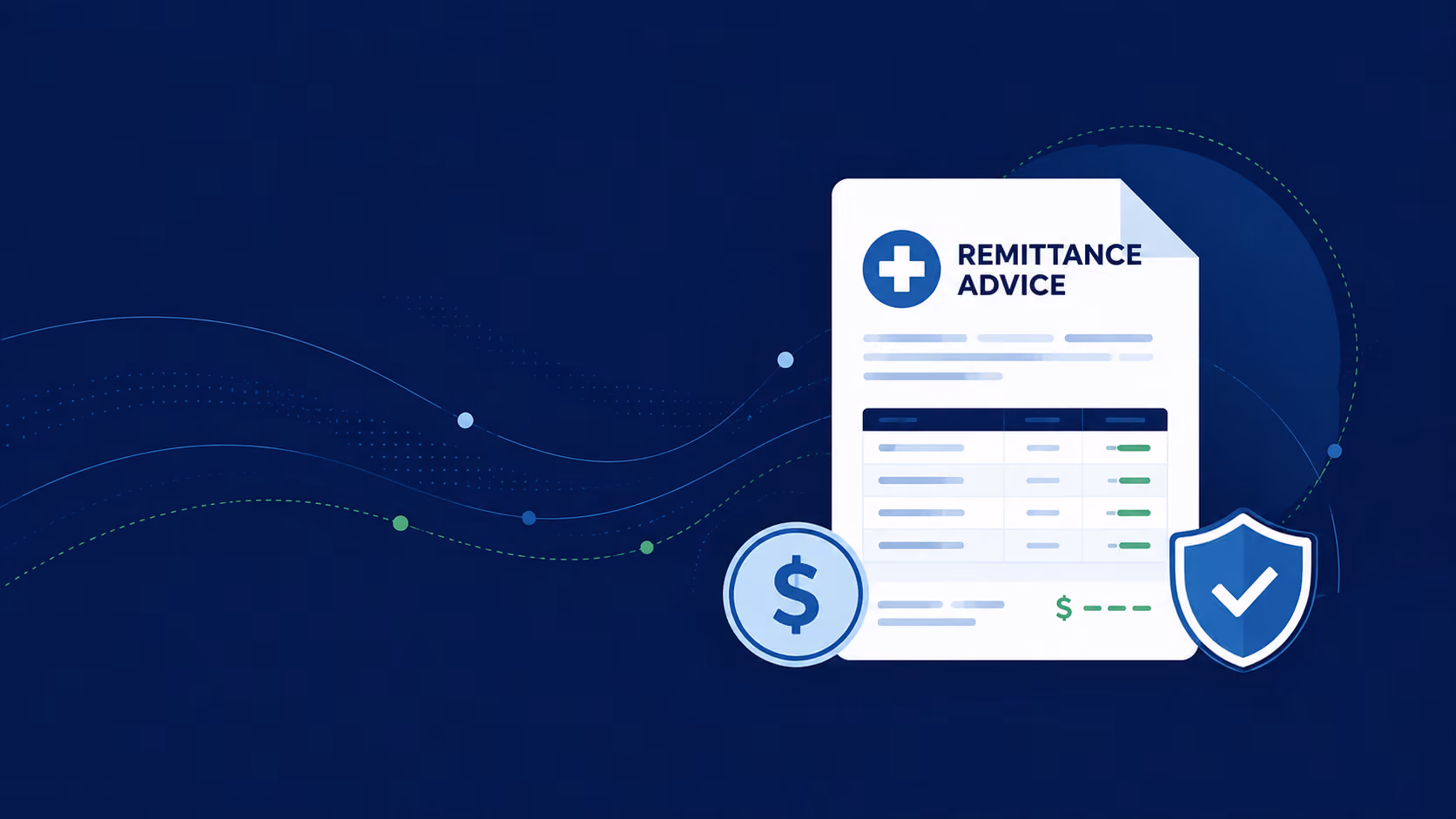 Healthcare remittance advice document with payment details, dollar icon, and security shield