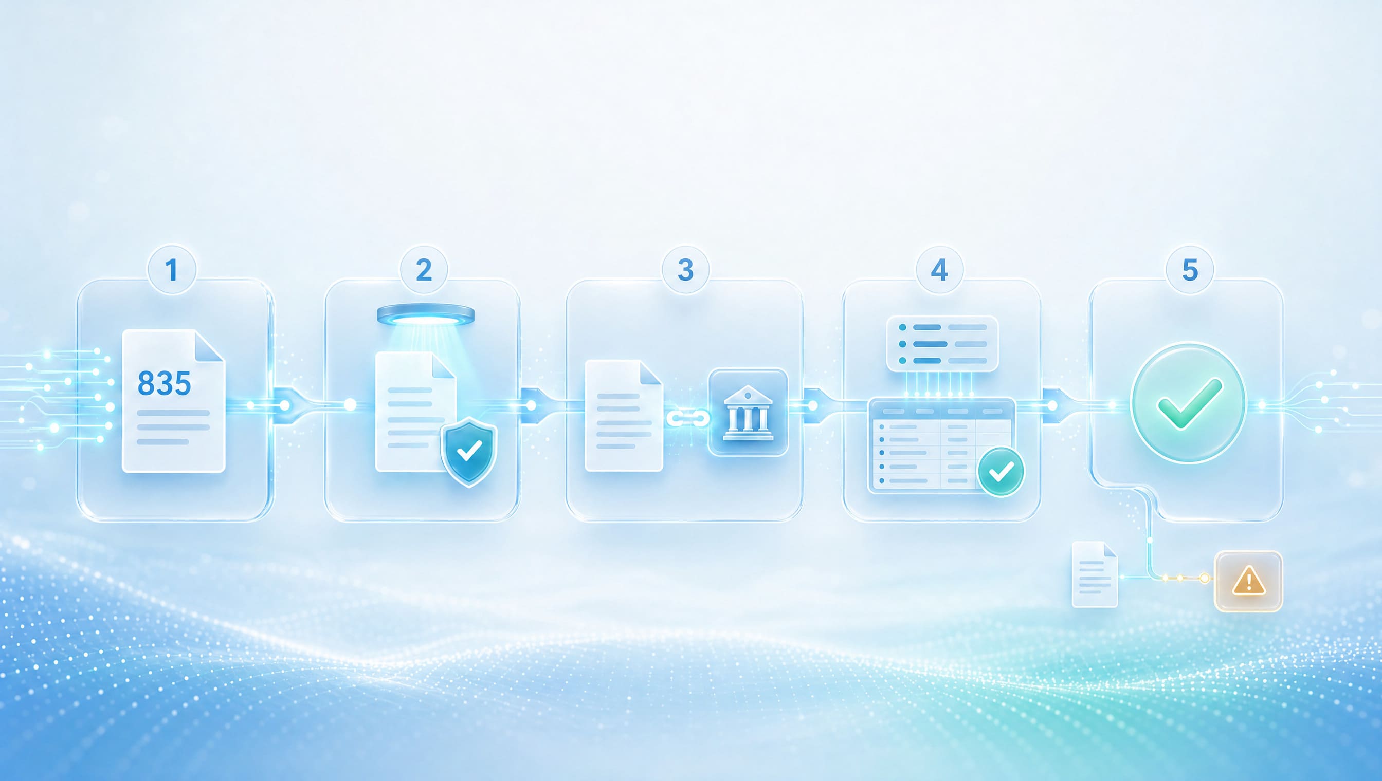 Five steps of ERA processing: receive the 835 file, validate it, match it to the deposit, post it, and flag exceptions