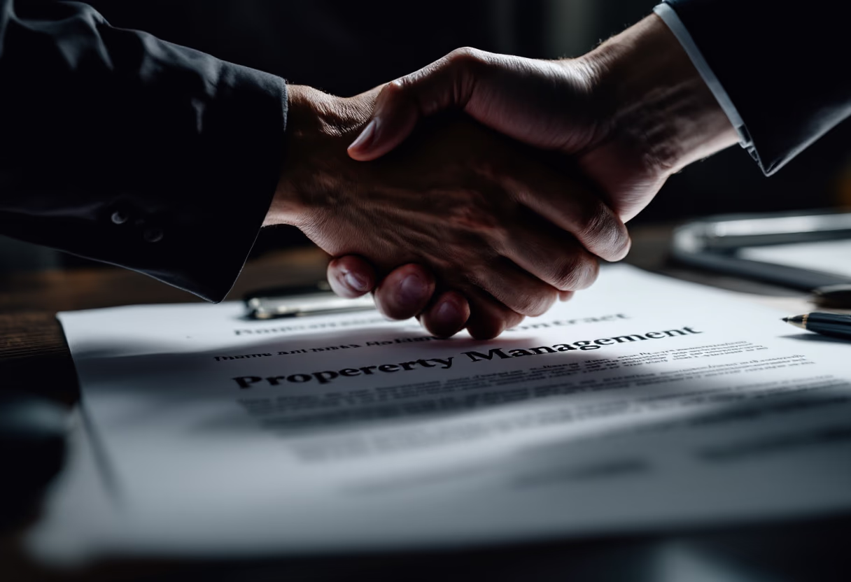image of handshake over contract for property management company
