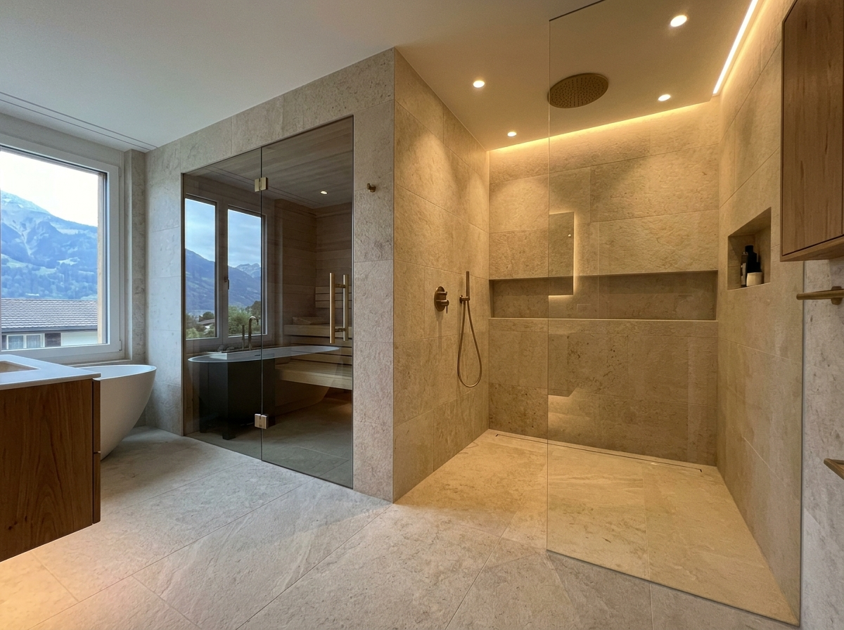 Bad mit Sauna und Regendusche