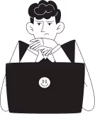 Illustration of a person looking worried while using a laptop with a sad face sticker.