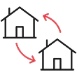 Two black house icons with a red curved arrow pointing from one to the other and back.