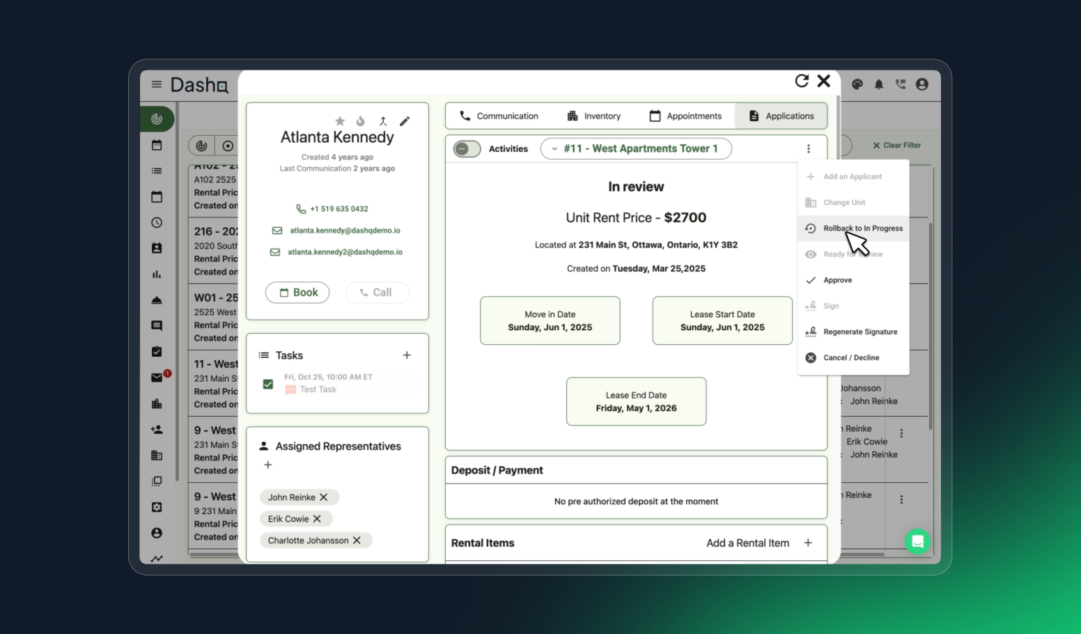 Image showing how DashQ users can roll back an application from "In Review" to "In Progress" without starting over.