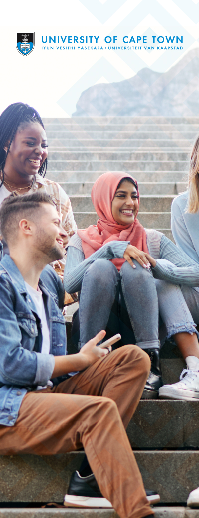 Four diverse students sitting on steps, smiling and talking under University of Cape Town logo. Website snippet from the partner page for the University of Cape Town and HyperionDev.