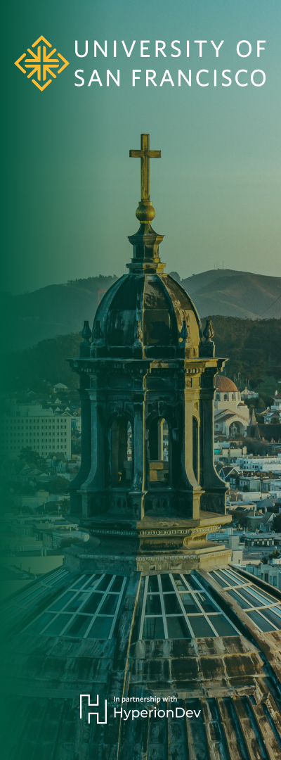 Dome with cross overlooking a cityscape and hills, with University of San Francisco logo above. website snippet from the partnership website of the University of San Fransisco and HyperionDev.
