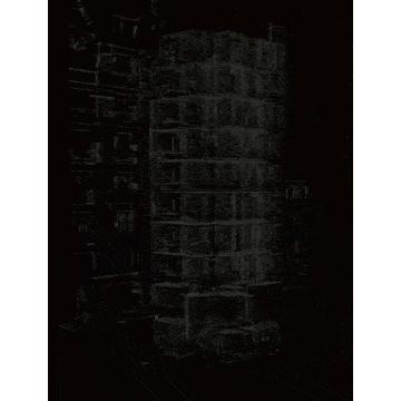 3D point cloud model of a multi-story building in Paris with structural outlines in green and blue dots; created by Digital Reality Corp