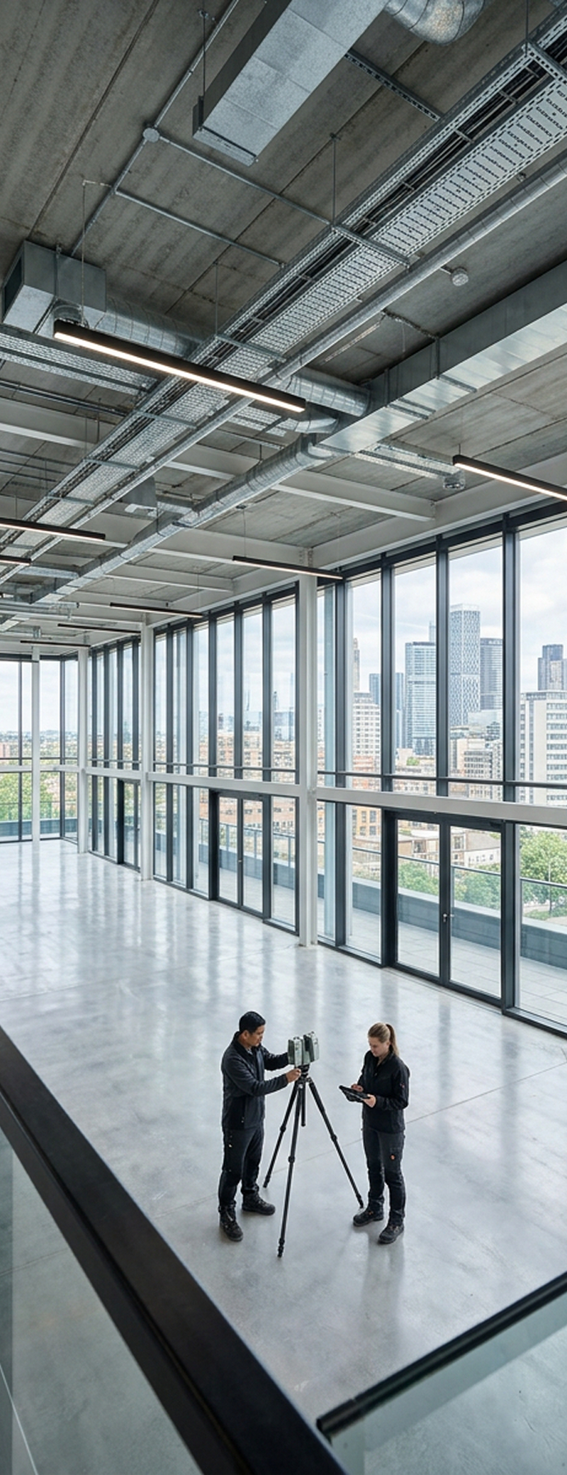 Two people operating a tripod-mounted camera inside a spacious modern building with large glass windows depicting digital surveyors, from Digital Reality Corp, scanning a commercial space.