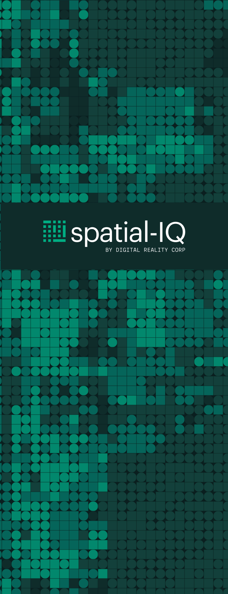 Grid pattern of green squares and circles (pattern created in Vercel) with Spatial-IQ by Digital Reality Corp text in the center.