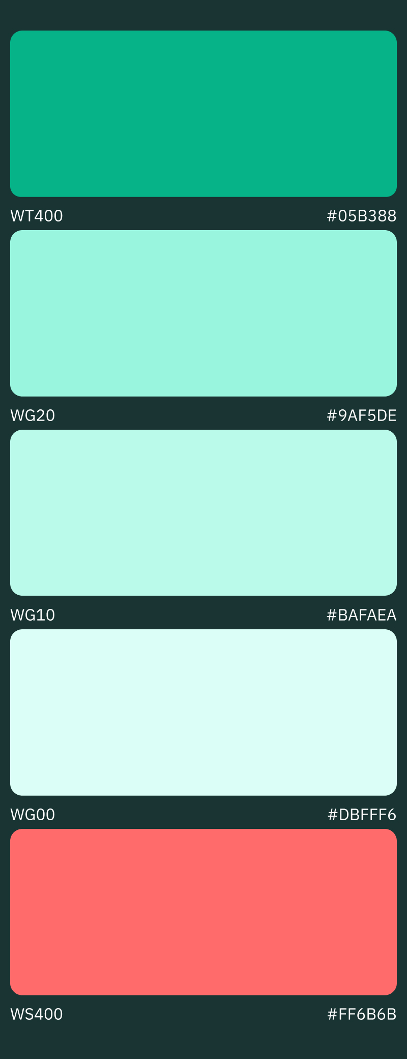 Brand colours used for the Digital Reality Corp website, with five rectangle colour swatches from dark green to light green to coral red.