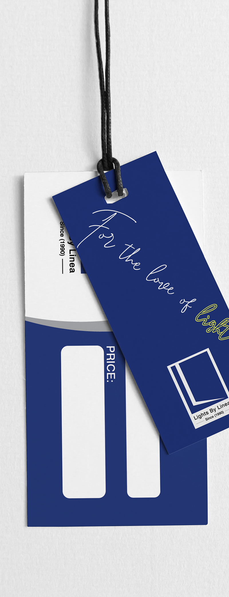 Two blue and white product price tags, one reads 'For the love of light' with a logo and text, created for Lights By Linea.