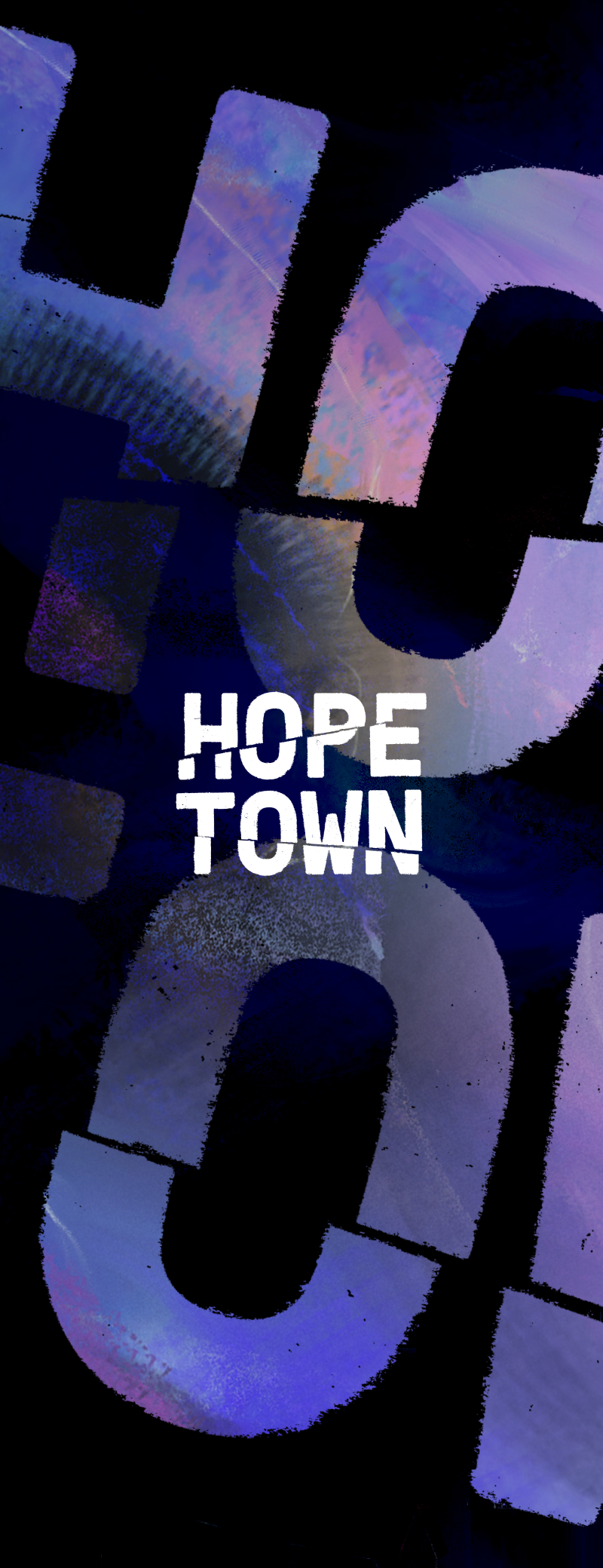 Bold text saying HOPE TOWN over large stylized letters with a textured dark purple and blue background, taken from the paid media campaign collateral designed for the Hopetown cRPG game launch by Longdue Games.