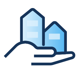 Hand holding two blue buildings, symbolizing housing or real estate support.