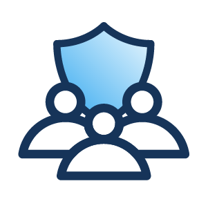 Three user icons grouped together in front of a blue shield symbolizing security or protection.