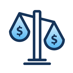 Balance scale with two blue pans each containing a dollar symbol, indicating financial balance.
