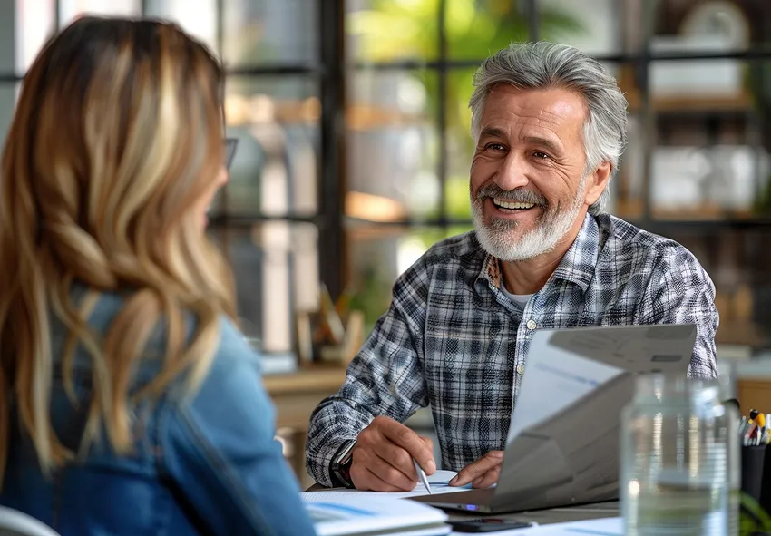 A woman and a smiling bearded man in a consultation, reviewing documents together