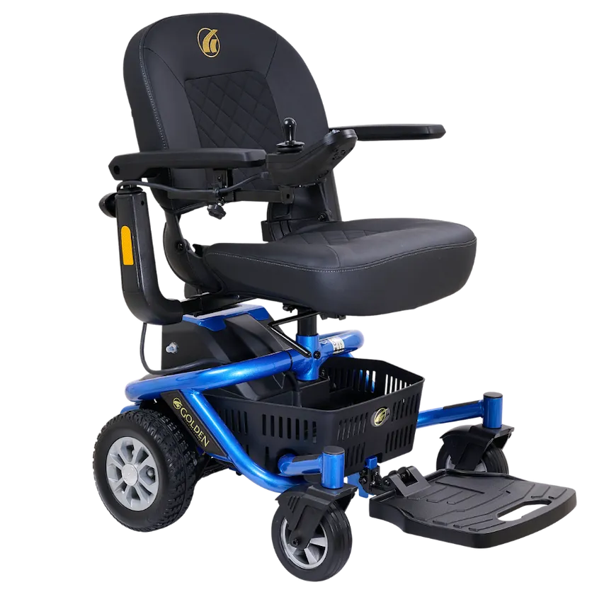 Golden Technologies power wheelchair with black quilted leather seat and blue base, available at Simple Comforts.