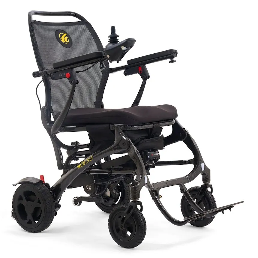 Simple Comforts lightweight folding power wheelchair with mesh backrest and joystick control